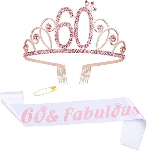 ruggito 60th Birthday Costume Set For Women,Include 60th White Satin Sash,Rose Gold 60 Birthday Crown Tiara and Round Brooch Clip Pin for 60th Birthday Decoration Girls Women