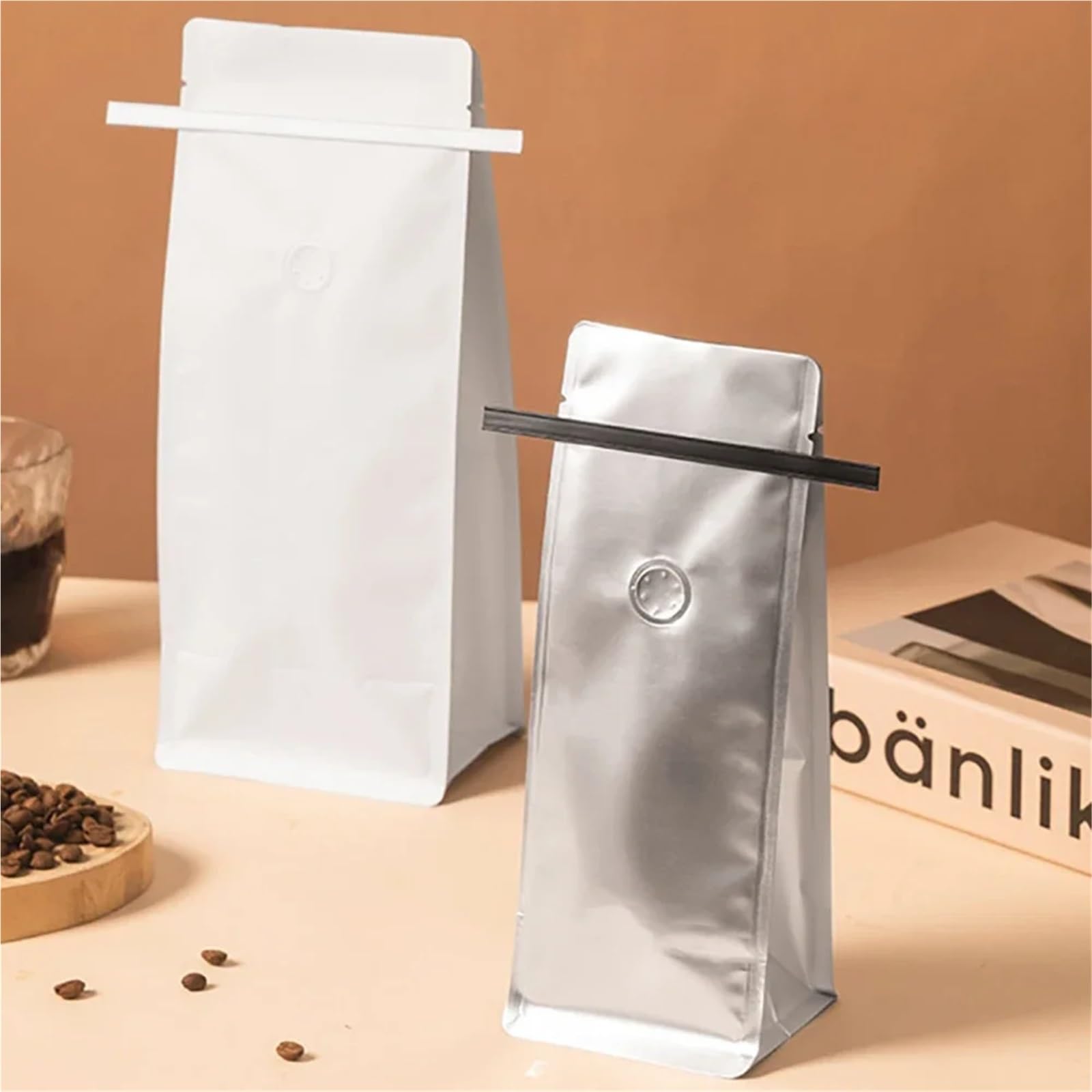 Torebki na kawę z zaworem 20 szt. Papier pakowy z możliwością wielokrotnego zamykania na kawę ziarnistą i herbatę w proszku | Gold,500g with valve