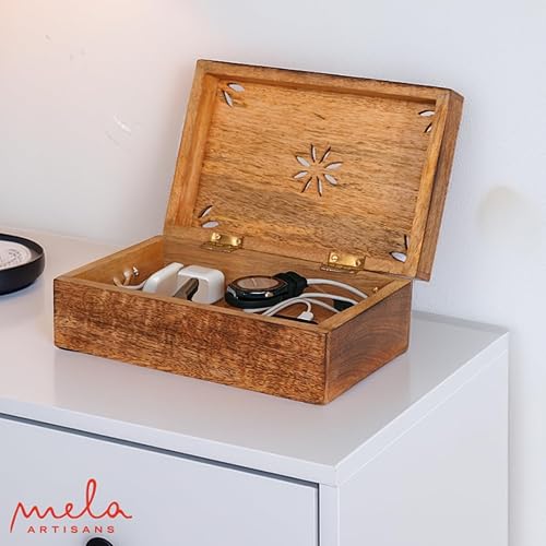 Miniatura 4 de Mela Artisans Caja de recuerdo de madera Memoria de madera de mango quemado Caja de almacenamiento de fotos con tapa con bisagras Caja