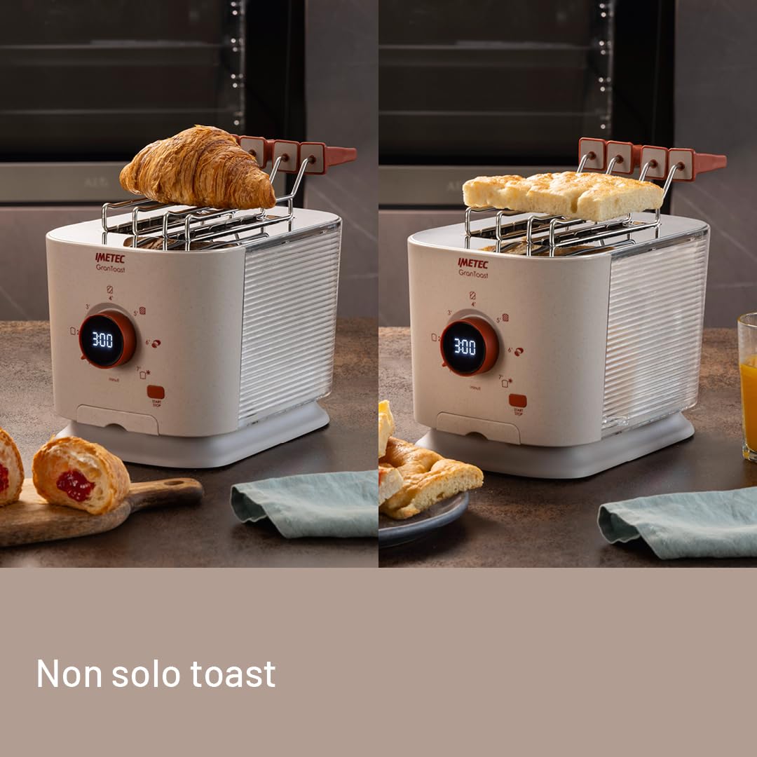 Imetec Grantoast - Tostapane 2 Fette XL con Pinze Apribili per Toast Farciti - 7 Livelli Doratura, Facile Pulizia, Display LED, Griglia Scalda Brioche, Pizzette e Focacce, Timer Digitale, Acciaio Inox