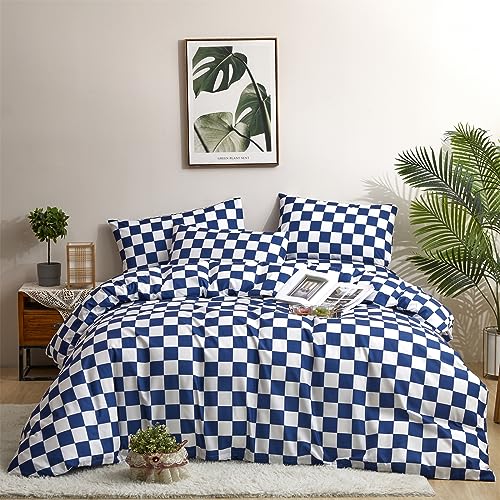 CLOTHKNOW Royal Blue White Grid Queen Comforter Set 3Pcs Plaid Bedding Sets Checkerboard Pattern Soft All Season, Blue Bedding Sets with 2 x Pillowcases