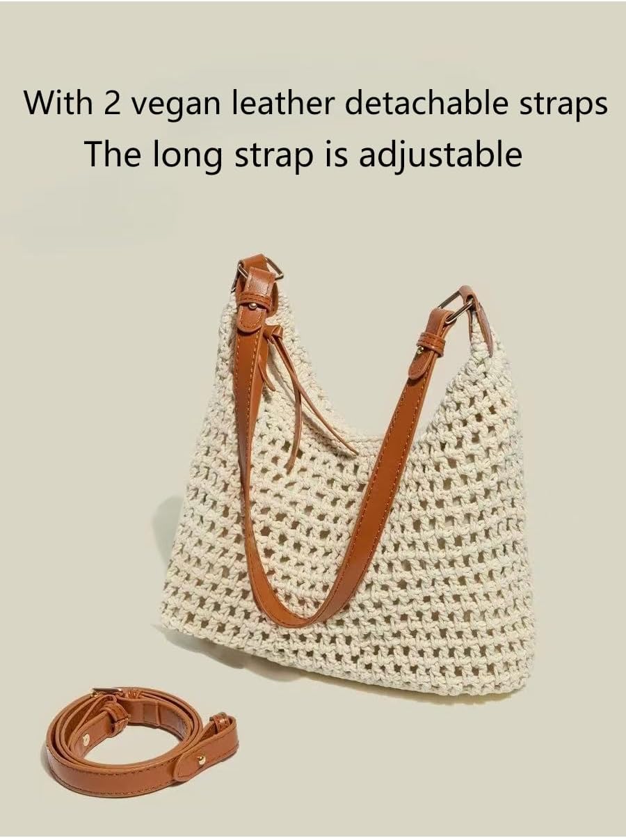 Ulisty Women Small Cotton Crochet String Bag Handwoven Summer Beach Bag Knitted Vacation Shoulder Bag Purse Handbag