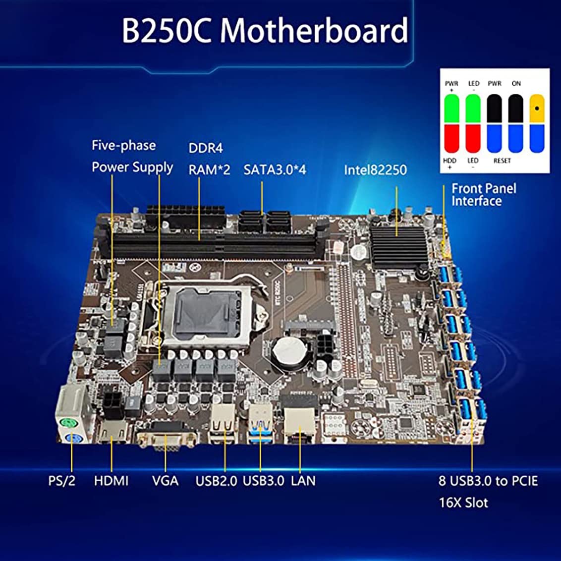 Nouvelle Carte MèRe MinièRe 12 Cartes B250C BTC + Adaptateur USB3.0 19P/20P vers Type-E + Câble de Commutation 12USB3.0 (PCIE) LGA1151 DDR4 MSATA