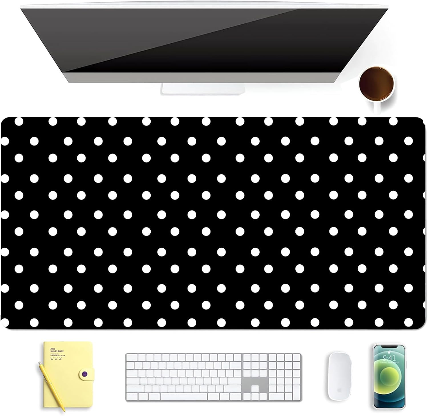 Cute White Polka Dot Black Extended Gaming Keyboard Mouse Pad, Non-Slip Leather Home Office Desk Mat Protector, Large Laptop Desk Pad Writing Pad