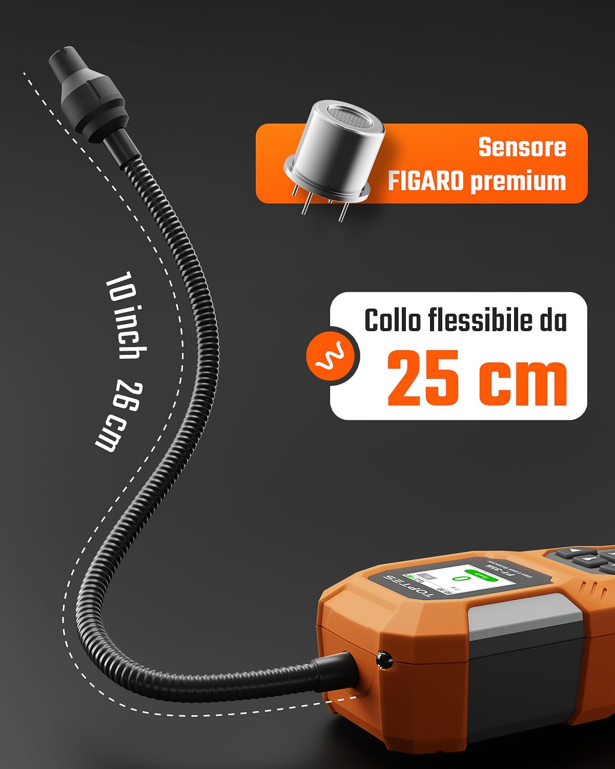 TopTes PT-356 Rilevatore di gas ricaricabile con sonda da 25 cm, campo 0-20% LEL, triplo sistema di allarme, Rilevatore Perdite di Gas con doppia modalità di visualizzazione per metano e butano