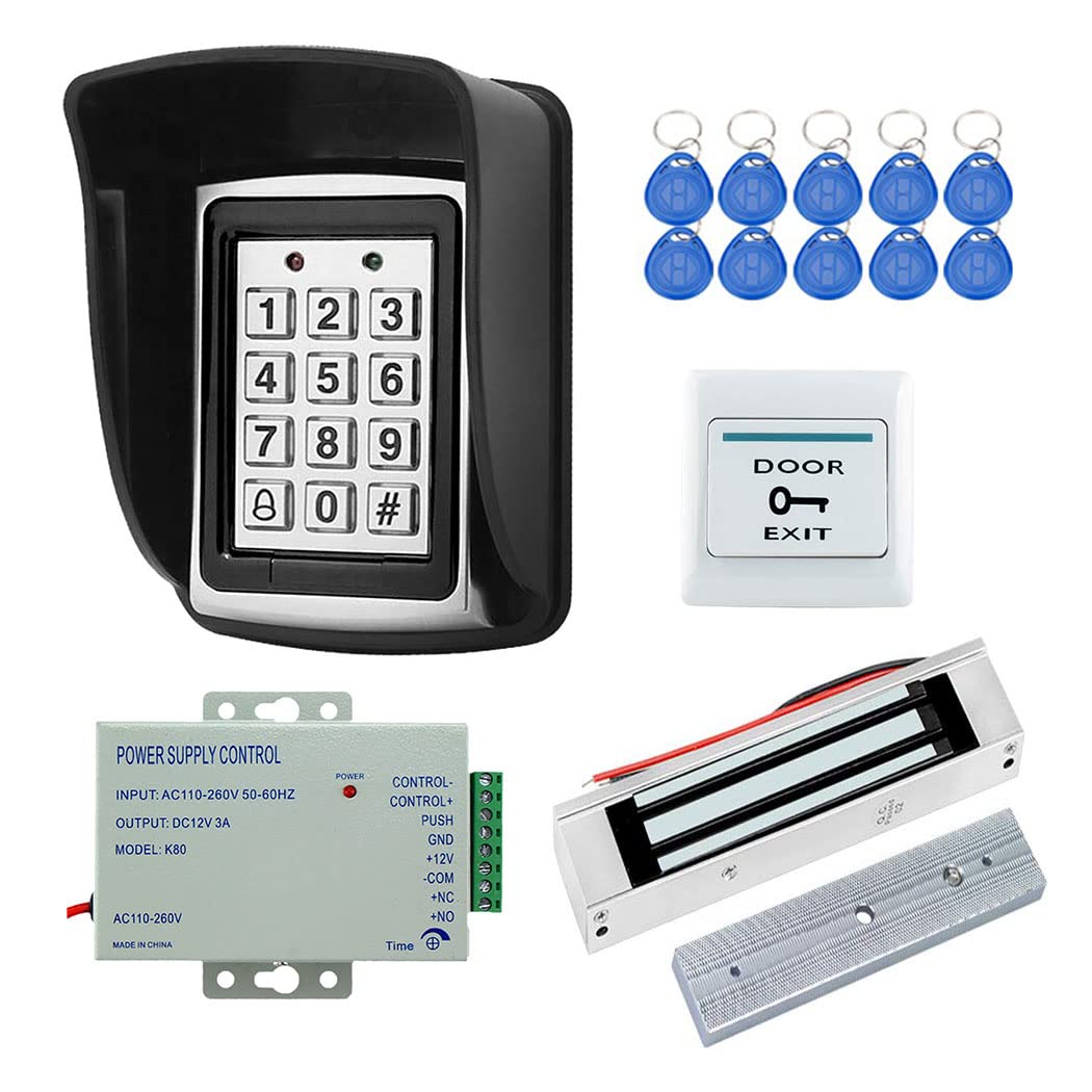 YAVIS Kit Sistema de Control de Acceso RFID programable Teclado de Controlador de Metal, Carcasa Impermeable, Cerradura electromagnética de 180kg, Fuente de alimentación, botón de Salida, Llavero 10