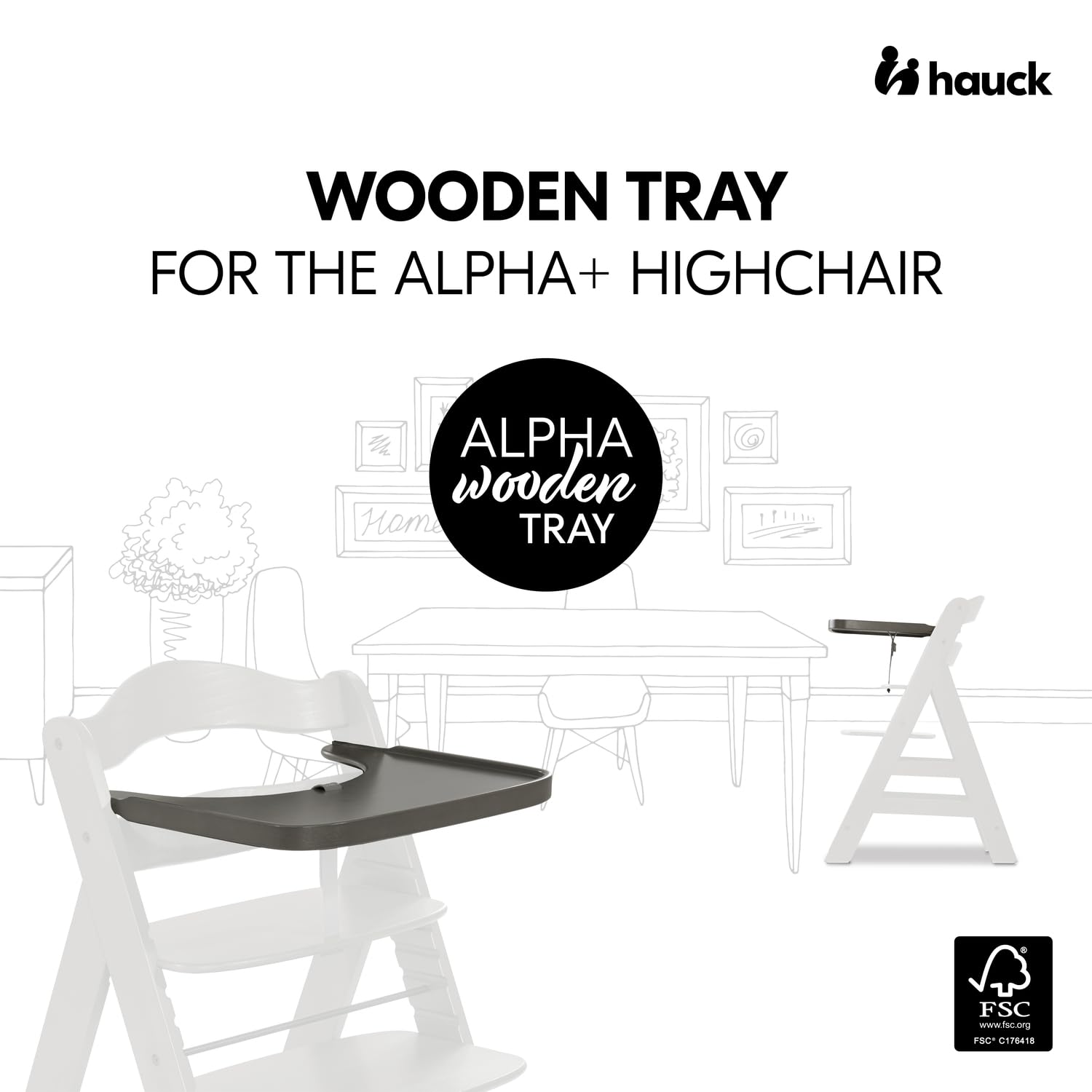 hauck Alpha Wooden Tray, Charcoal - Tray for Alpha+ Wooden Highchair, FSC® Certified Beech Wood, 6 Months+, Easy to Clean, Raised Edge - Image 2