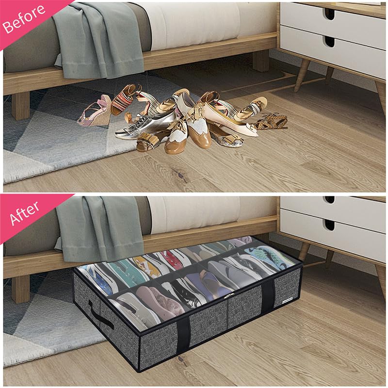 homyfort Under Bed Scatola Organizzatore Scarpe per Camera da Letto, Custodia Portascarpe a 14 + 4 Scomparti, Pieghevole in Tessuto, 86 x 60 x 15 cm, Lino nero, 7XAUBS14S4