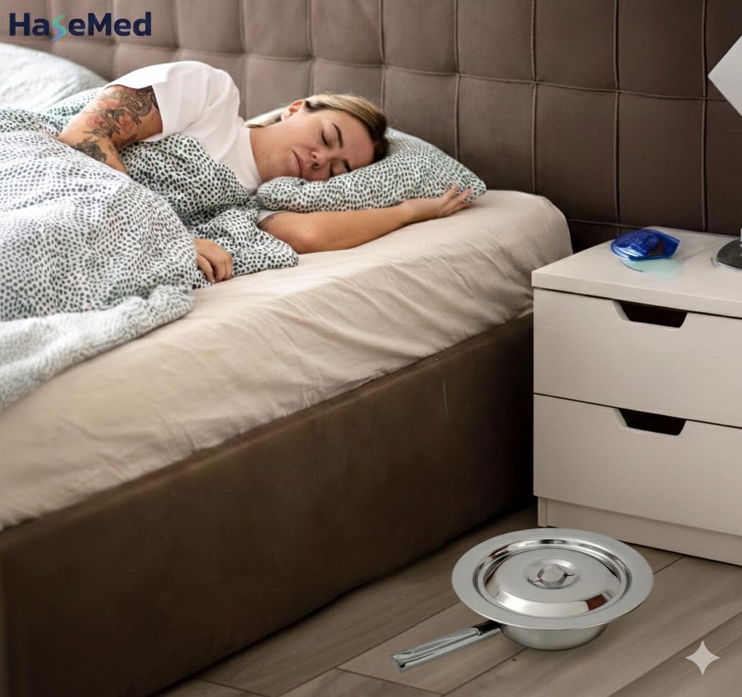 HaseMed Steckbecken mit Deckel – Edelstahl, 31 cm, 1 Stück – Hygienisches Pflegebett-Zubehör für Klinik & Zuhause – Wiederverwendbar, rostfrei & leicht zu reinigen – Bettpfanne für Erwachsene