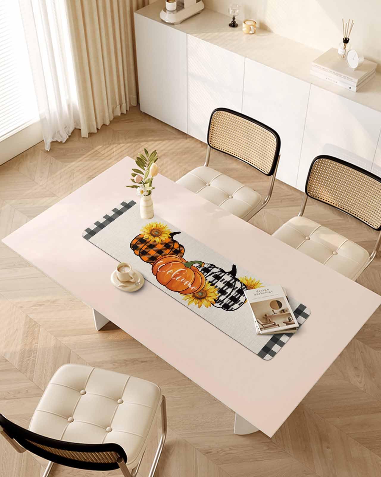 Debedcor Heat Proof Table Pads Waterproof Decorative, Orange Black Pumpkins Fall Non-Slip Table Countertop Protector, Thanksgiving Sunflower Plaid Insulation Mat for Kitchen Room, 40 x 12 Inches