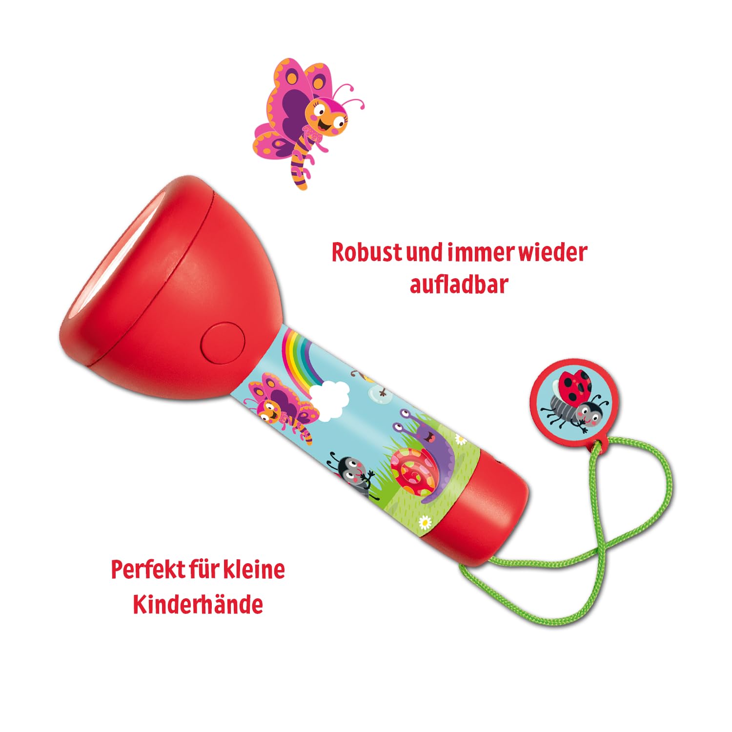 Moses. Torcia Ricaricabile Per Bambini A Forma Di Coccinella, LED Con 3 Modalità, Cinturino, Regalo 4+ Anni