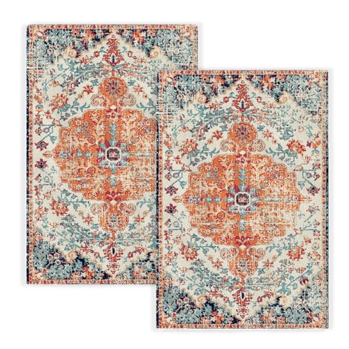 Gohdiwh Boho Orange Teal Kitchen Towels Dish Towels, 16x24 Inch Farmhouse Bohemian Floral Pattern Decorative Hand Towels Set of 2