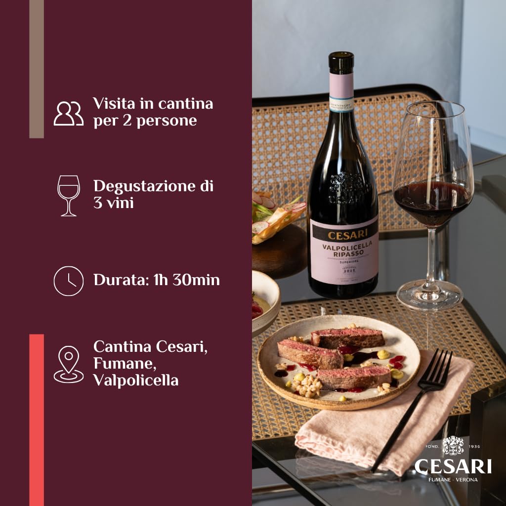Cesari - Confezione regalo con Esclusiva Esperienza Cesari per 2 persone e Valpolicella Ripasso DOC 2021-1 bottiglia da 750 ml