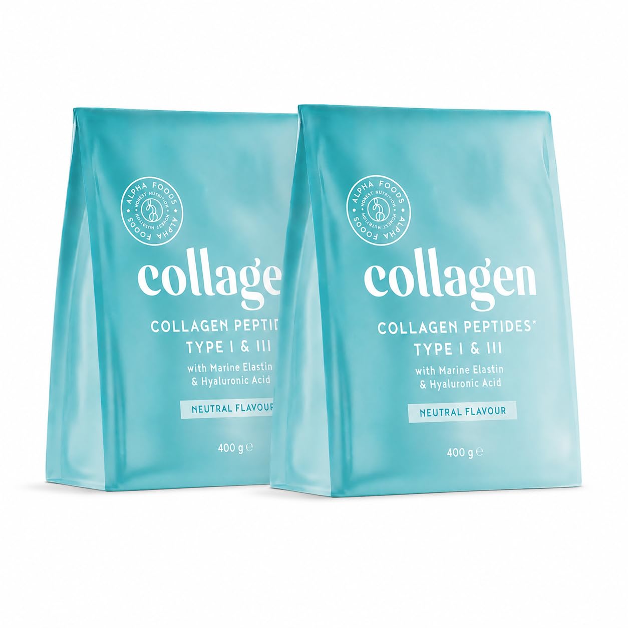 Collagene in Polvere | Collagen Peptides Idrolizzato Puro con Acido Ialuronico | Integratore Collagene da Bere | Colageno Donna e Uomo | Non Aromatizzato | 2x 400g | Alpha Foods