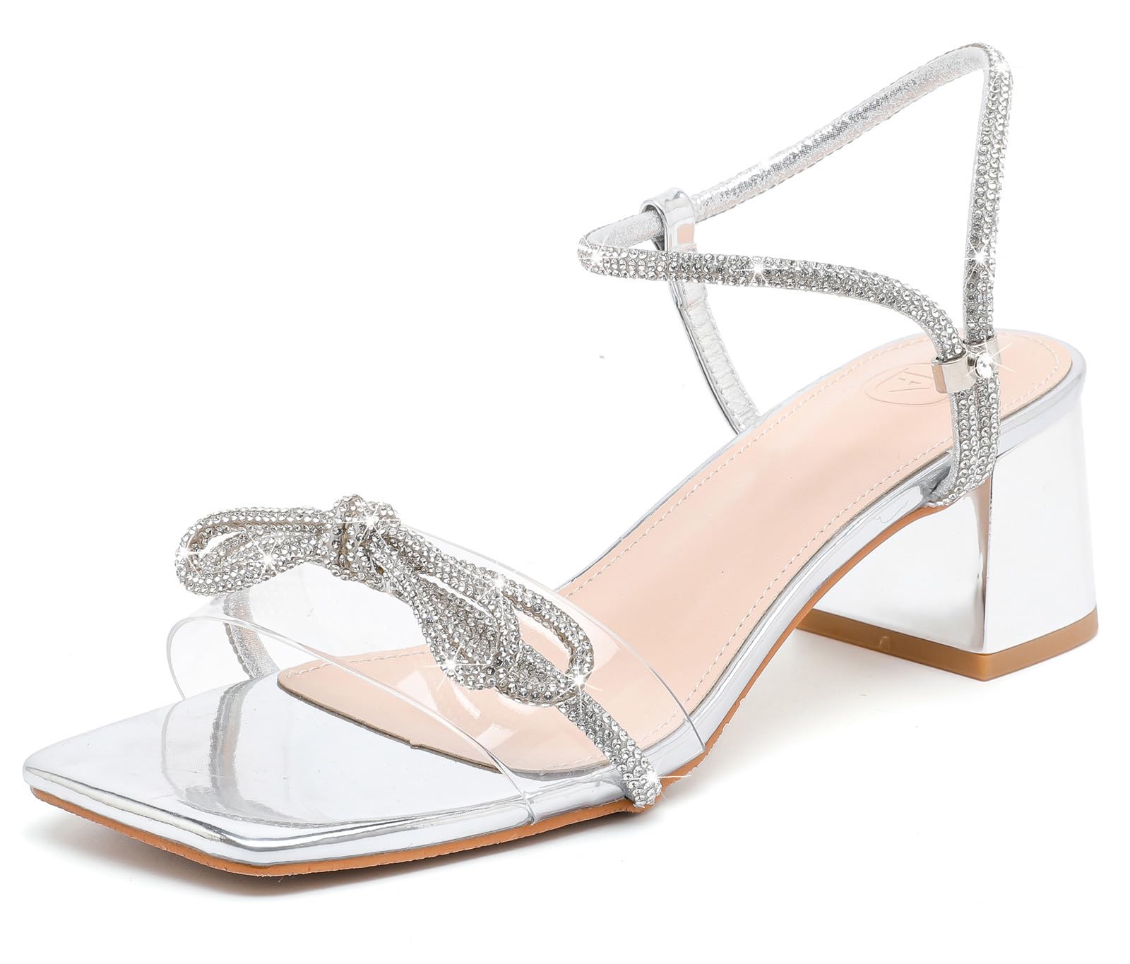 DADAWEN Women's Double Bowknots Crystal Sandals Clear Slingback Heels Square Toe Low Block Chunky Heels Sandals Wedding Party Dress Pumps Shoes