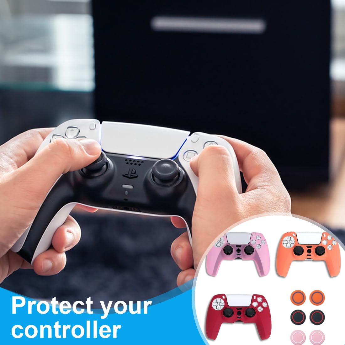 VPOUERY 3 Pezzi Per Controller PS5 Set di impugnature per la pelle Custodia protettiva in silicone antiscivolo per Playstation 5 Kit di accessori per controller wireless Fornito con 6 keycaps