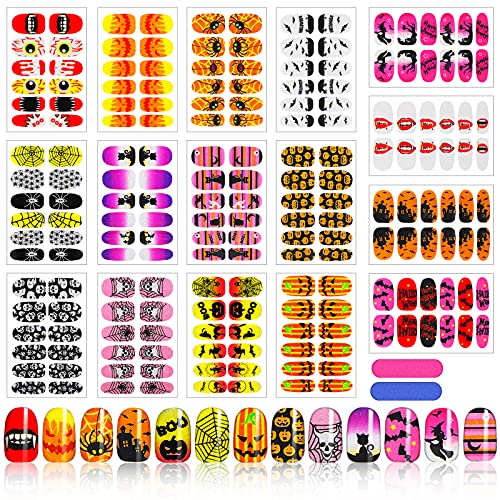 192 Pieces Halloween Full Nail Warps Nail Art Stickers Nail Polish Stickers Self-Adhesive Nail Tips Pumpkin Witch Cat Nail Decals with 2 Pieces Nail File for Women Girls Nail Decor Halloween Party