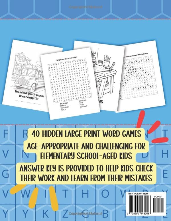 Easy Back to School Elementary Word Search Large Print: 40 Games to Play Word Search for Elementary School Kids (Ready, Set, School Activity Collection) image 3