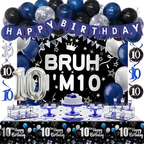 10th Birthday Decorations for Boys & Girls 54 PCS Blue Black Party Decorations 10 Year Old Boy Birthday Party Supplie with Banner Backdrop Hanging Swirls Tablecloth Bruh Im 10 Party Supplies