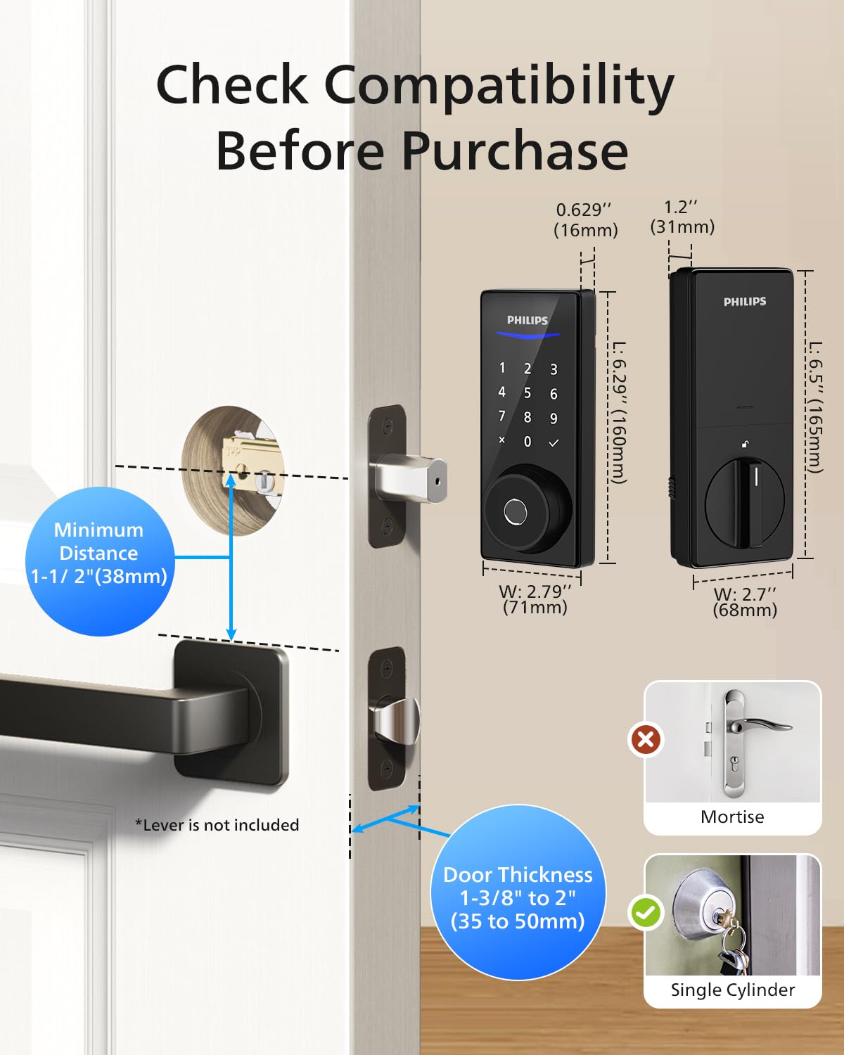Philips Wi-Fi Smart Door Lock, Keyless Entry Door Lock with App Control,Fingerprint ID,Auto Lock,Keypad Deadbolt with Wi-Fi Bridge Adaptor,Smart Locks for Front Door-Matte Black