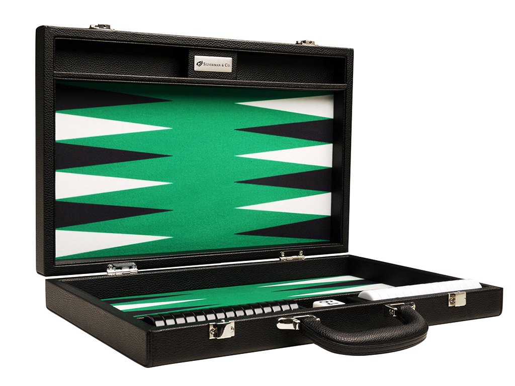 Silverman & Co. 40 cm Backgammon Reise Koffer für Erwachsene – schwarzes Kunstleder – faltbares Backgammon-Set mit grünem Spielfeld sowie schwarzen und weißen Spielpunkten – leicht & tragbar