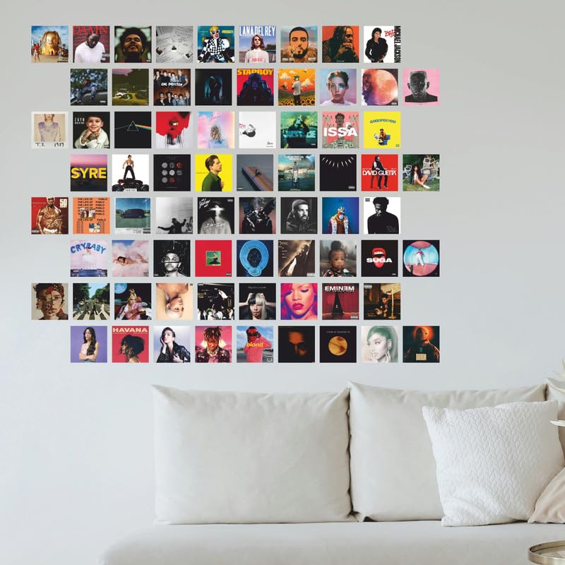 Image of POSTERONN Music Wall Collage Kit Pack of 70 Square 4x4 Inch Aesthetic Music Posters Album Cover Wall Art Prints for Bedroom Living Room Office Studio Decor Premium Thick Cardstock Photo Collection