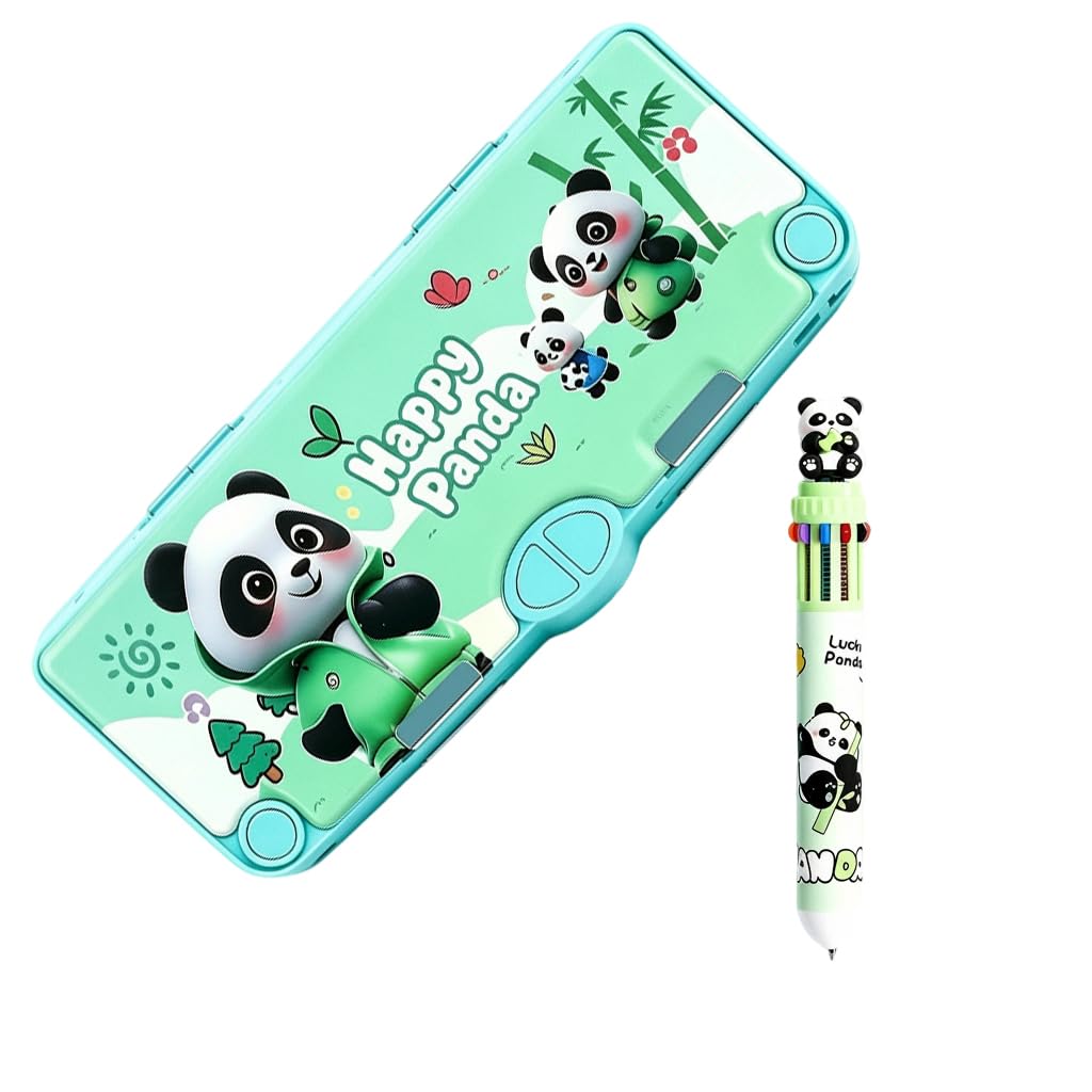 CYGMRFH Pop Up Pencil Case with 12-Colour Pen, Cute Green Panda Stationery Box with Built-in Sharpener & Safety Scissors, Multi-Compartment Pencil Case for School Office Supplies, Gift for Students
