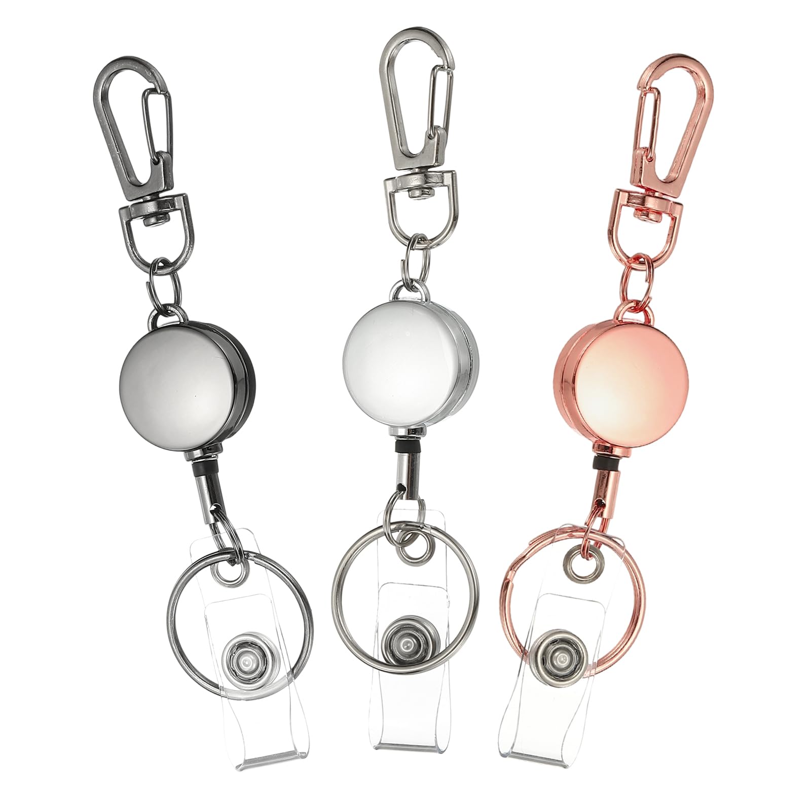 PATIKIL 3Pack Retractable Keychain, Metal Badge Reels Retractable Badge Holder Clips with Key Rings for Name Card Key Conferences Office, Silver/Gun Black/Rose Gold(Round)