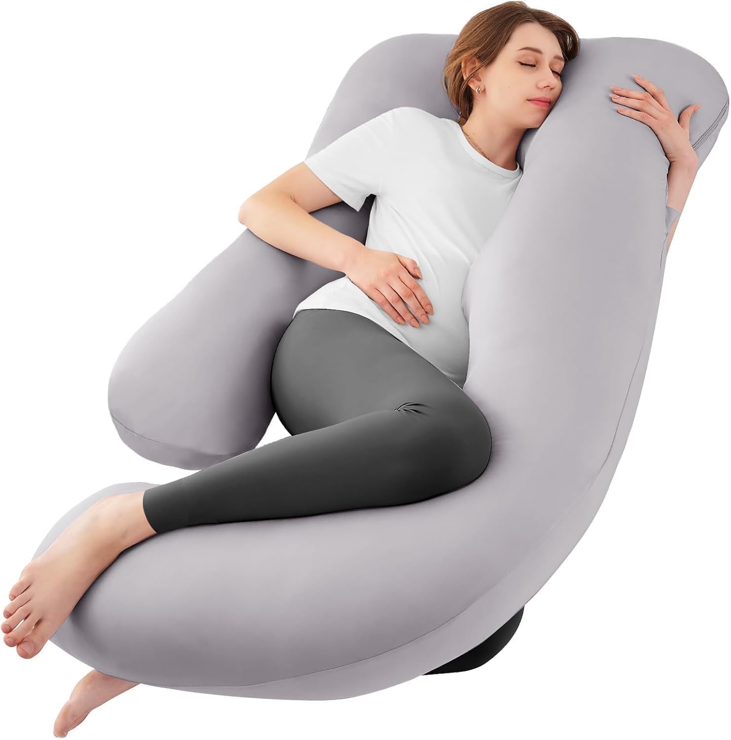 Sasttie Pregnancy Pillows for Sleeping, Jumbo U Shaped Cooling Full Body Pillow with Removable Cover, Pregnant Women Must Haves, Maternity Essential, Light Grey