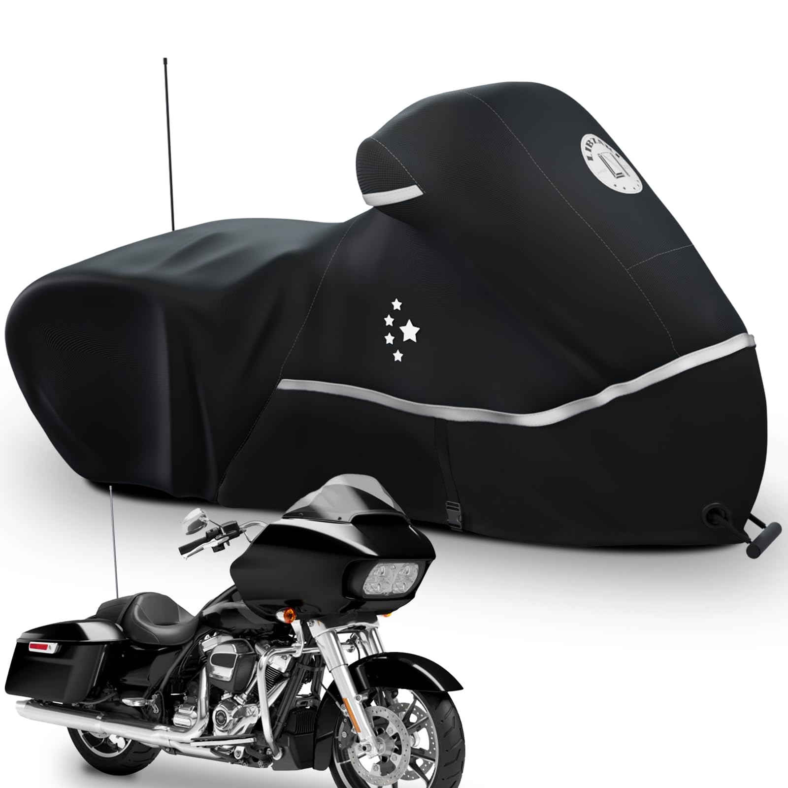 Motorcycle Cover 420D Heavy Duty Storage for Touring Models Harley Davidson Road King,Road Glide,Street Glide,Electra Glide,Heritage Classic,Low Rider-ST,and Most Motorcycles Black