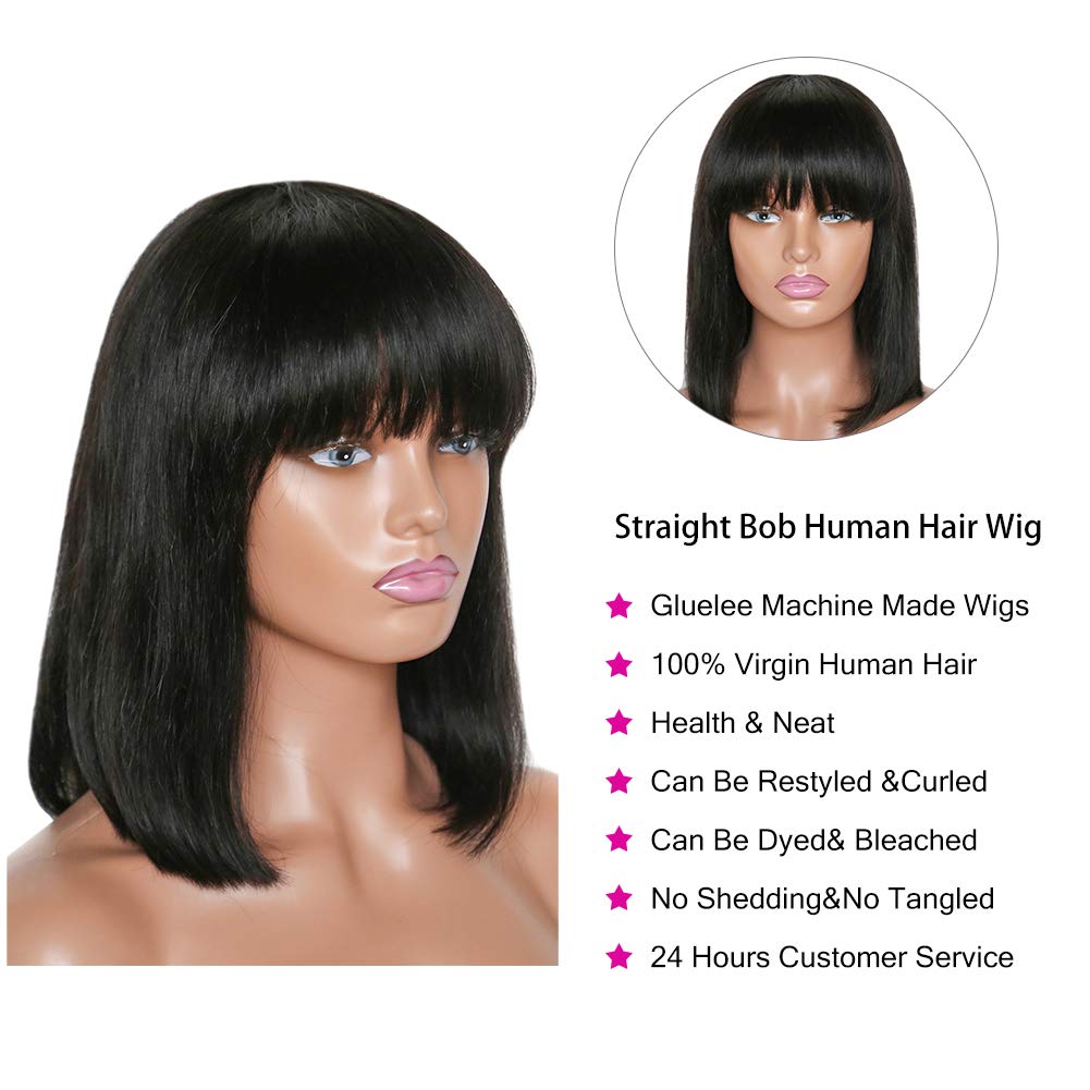Parrucca Donna Capelli Veri Umani 10 Pollici (25 cm) Parrucche Capelli Veri Con Frangia Brasiliani Parrucca Bob Corta Liscia Straight Human Hair Wigs Densità 180% Nero Naturale