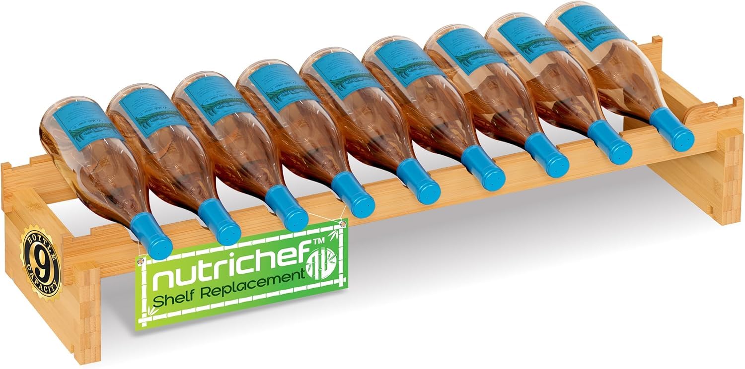 NutriChef 9 Bottle Stackable Wine Rack 1 Row Replacement or Expansion Kit, Upgraded 1” Thick Sideboard, .5” Rack Sticks, Wobble Free Natural Bamboo Construction, Protective Moisture Resistant Finish