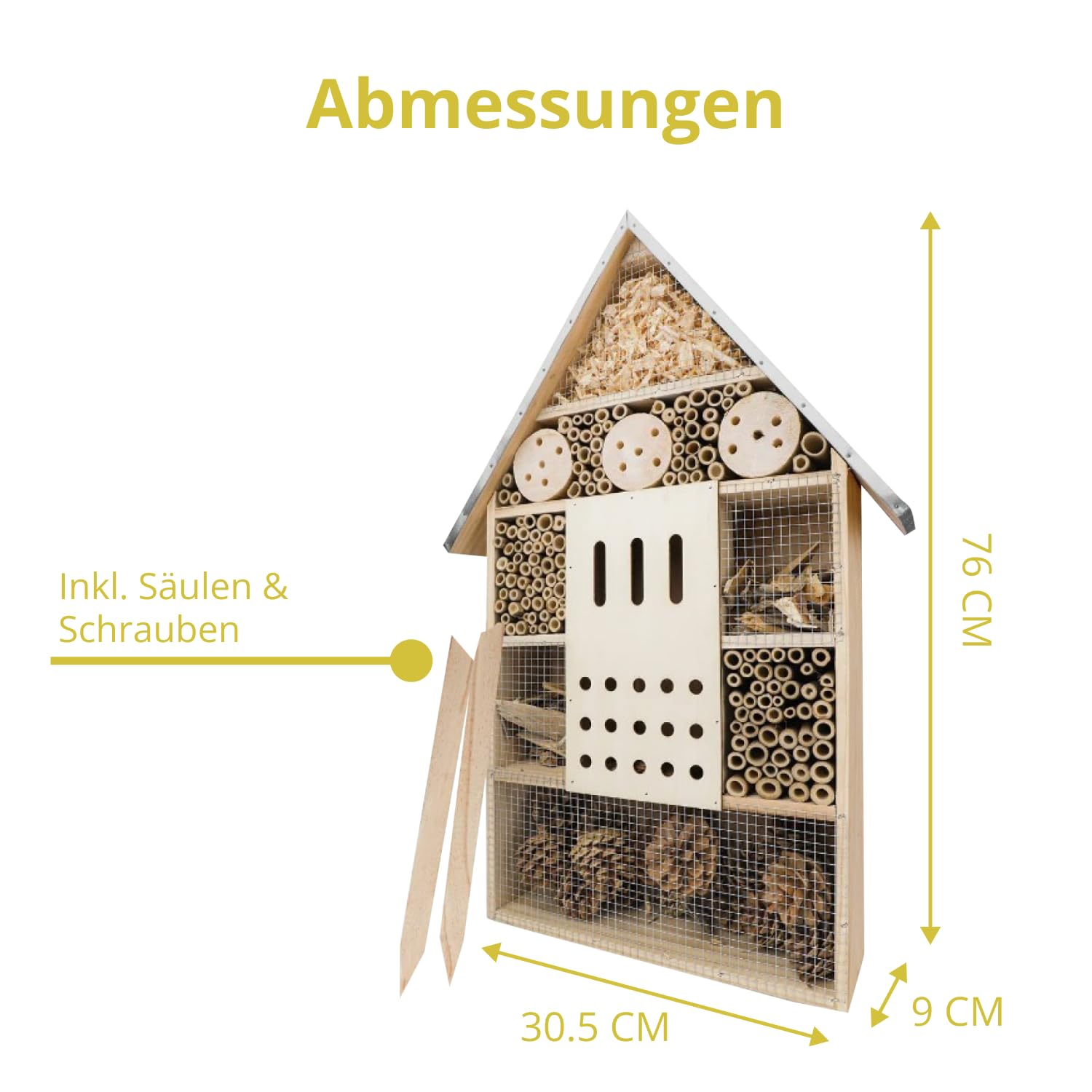 wildlife friend Insektenhotel XXL Stehend - Bienenhotel mit Standfuß 76 cm, Metalldach - Groß Wildbienenhotel - Insektenhaus für Bienen, Marienkäfer & Schmetterlinge | Insektenhotel Bausatz, Holzfarbe