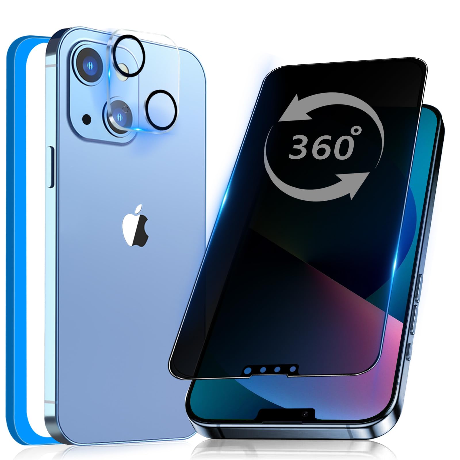 【360度 覗き見防止】 iPhone13 用 ガラスフィルム 覗き見防止 360 全方向 液晶保護 フィルム のぞき見 強化ガラス アイフォン 13 用 (6.1インチ) のぞき見防止 360° 上下左右 見えない 【全面保護/指紋防止/気泡ゼロ/貼り付け簡単/ガイド枠付き/カメラフィルム付き】