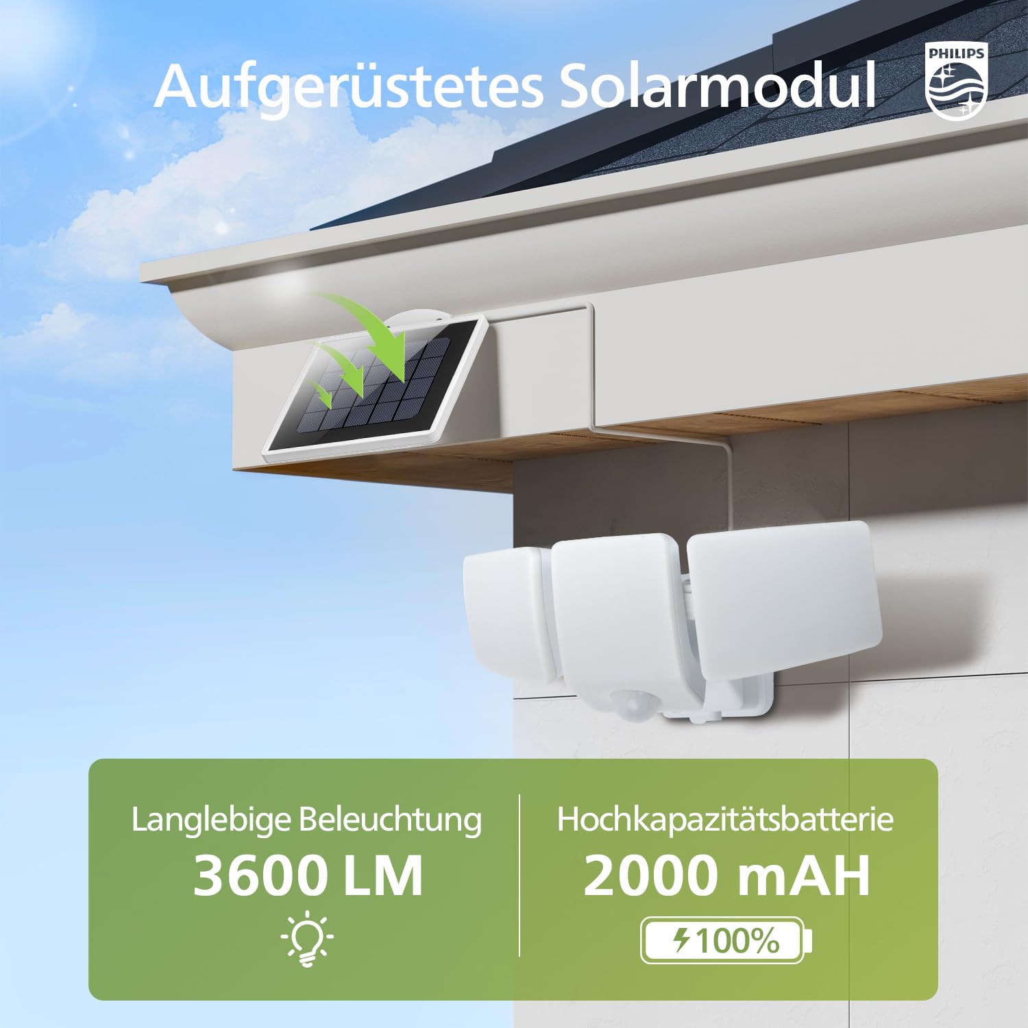 Philips 3600LM Solarlampen für Außen mit Bewegungsmelder, 5000K Wasserdichte Dimmbare LED, 3 Verstellbare Köpfe mit 5m Kabel, Separate Solarpanel mit 3 Modi Solar-Fluter für Hof, Garage