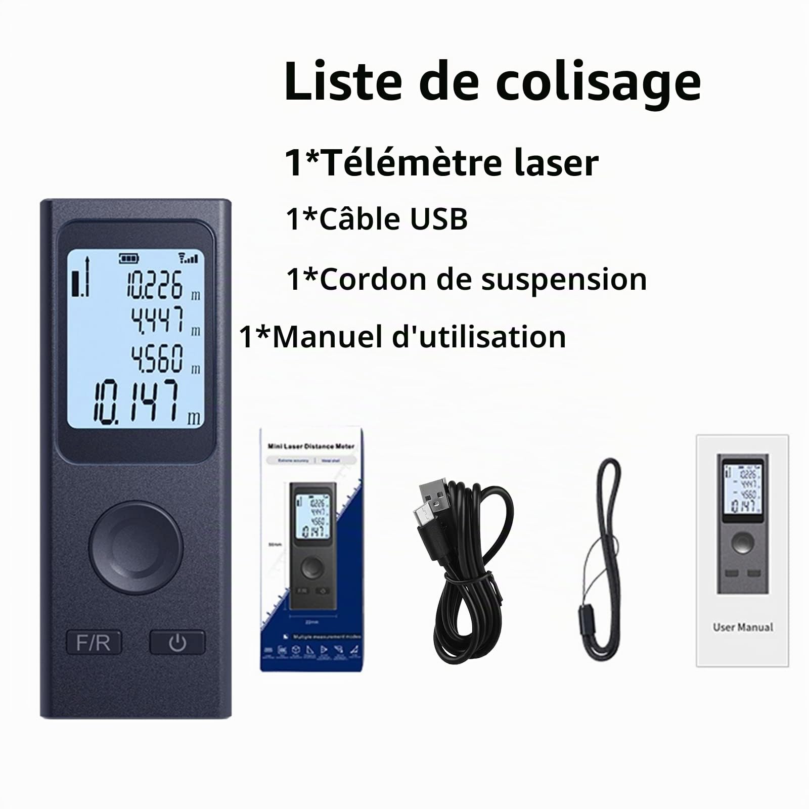Télémètre Laser Intelligent Outil de Mesure Laser Portable Distance Laser Portable Rechargeable par USB, Mode pythagore, Mesurer la Distance, la Surface et Le Volume, avec Fonction Horizontale