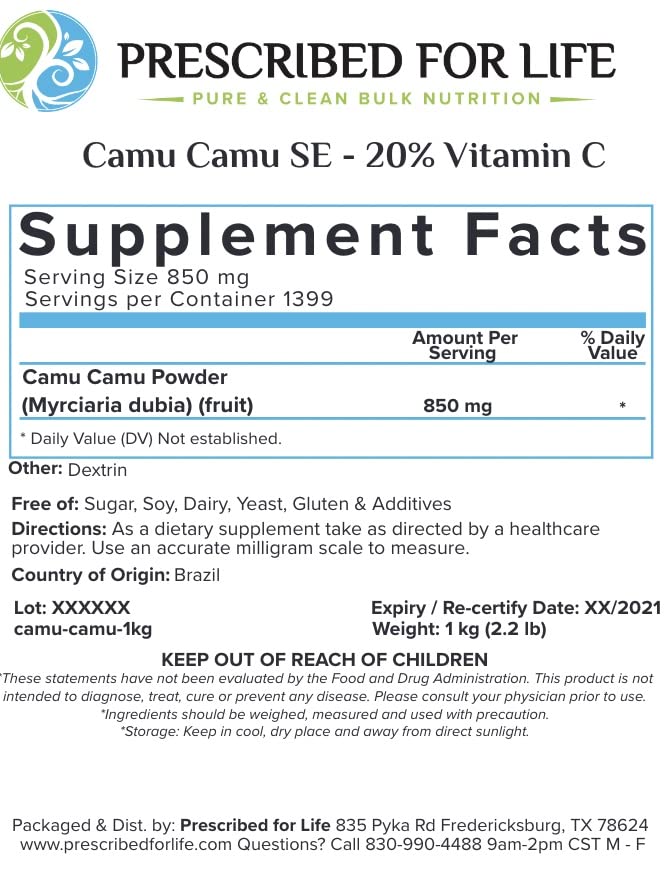 Miniatura 5 de Prescribed For Life Camu Camu - Polvo de frutas Camu Berry Superfood para batidos  Polvo de extracto estandarizado de vitamina C 20% natural  Sin