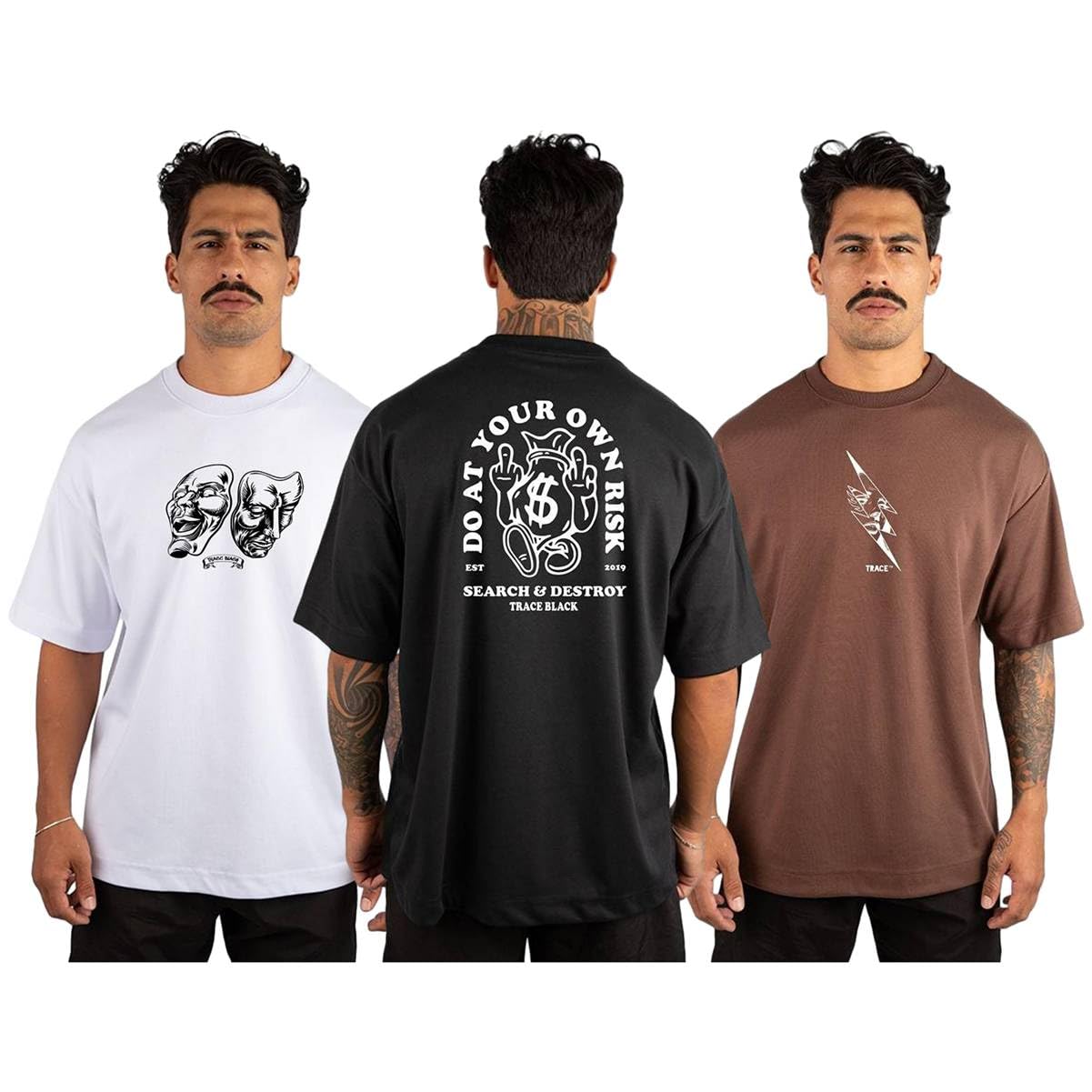 Kit 3 Camiseta Oversized Masculina Streetwear Trace Black Básica Academia 100% Algodão Premium 30.1 Penteado REF 01
