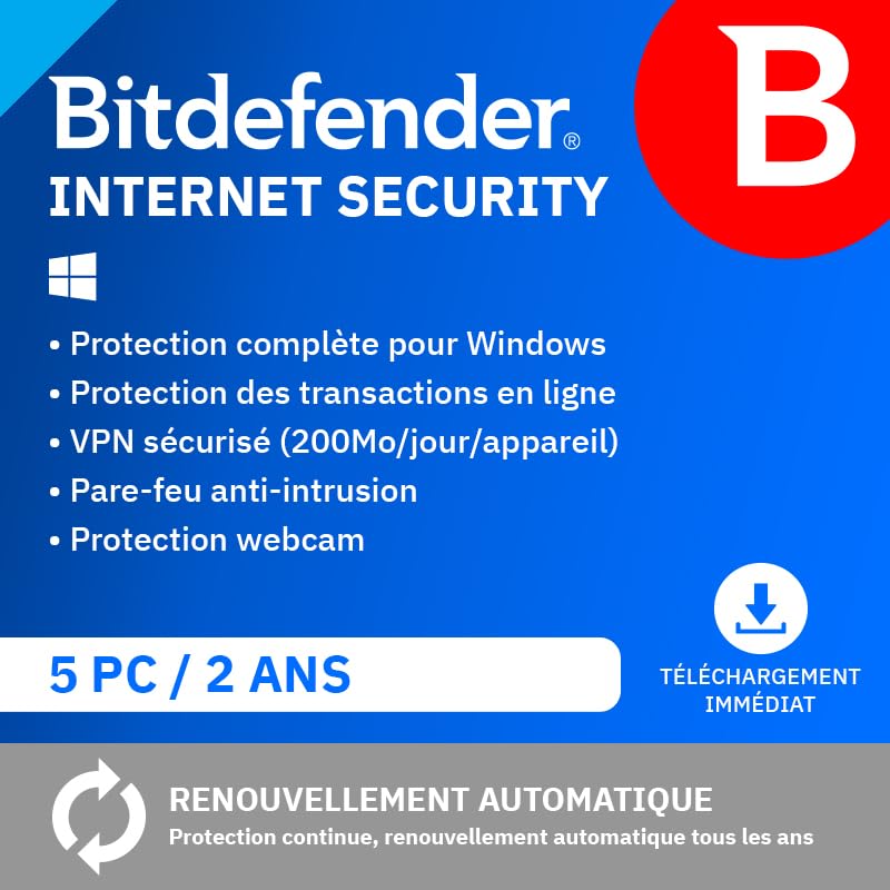 Bitdefender Internet Security| 5 Appareils | 2 Ans | PC | Code d’activation par email | Renouvellement Automatique
