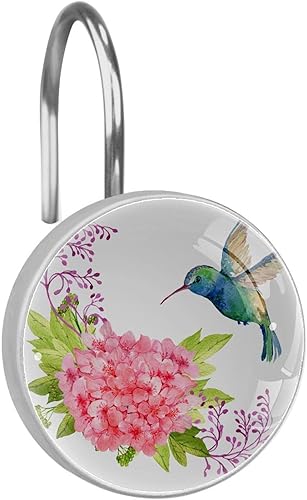 Colibrí de acuarela sobre flor roja, ganchos decorativos para cortina de ducha, juego de 12 ganchos para cortina de ducha, anillos de cortina