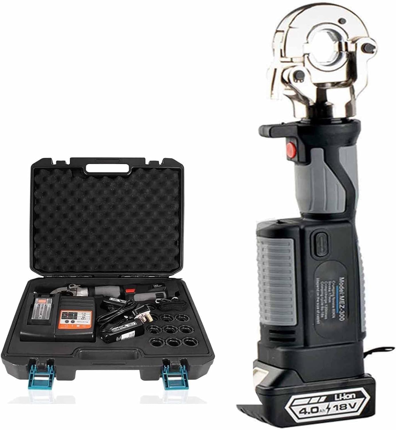 Rechargeable Hydraulic Crimping Tool 10-300Mm², Electric Hydraulic Crimping Tool with 12 Pairs of Dies, Battery Powered Cable Crimper for Copper and Aluminum Terminal Green