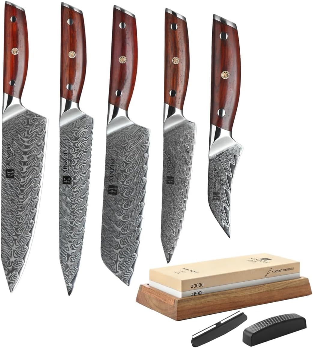 XINZUO 5 Pcs Professional Chef Knife Set with Extra Large Whetstone,67 Layers Damascus Steel Kitchen Knife Set with Sharpening Stone-Dual Grit