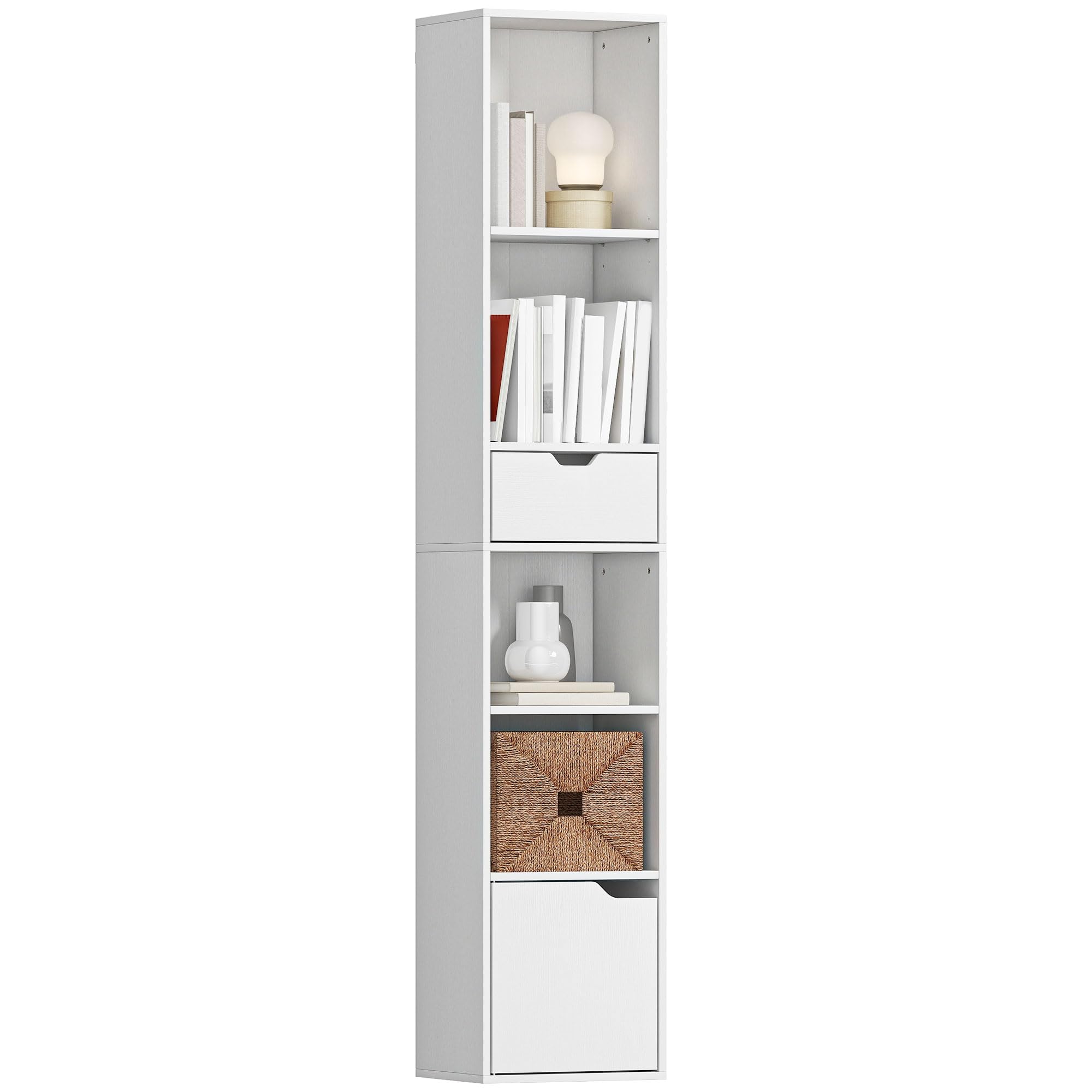 HOMCOM 6-Tier Bookcase SlimDrawer Door 30 x 24 x 158 cm White