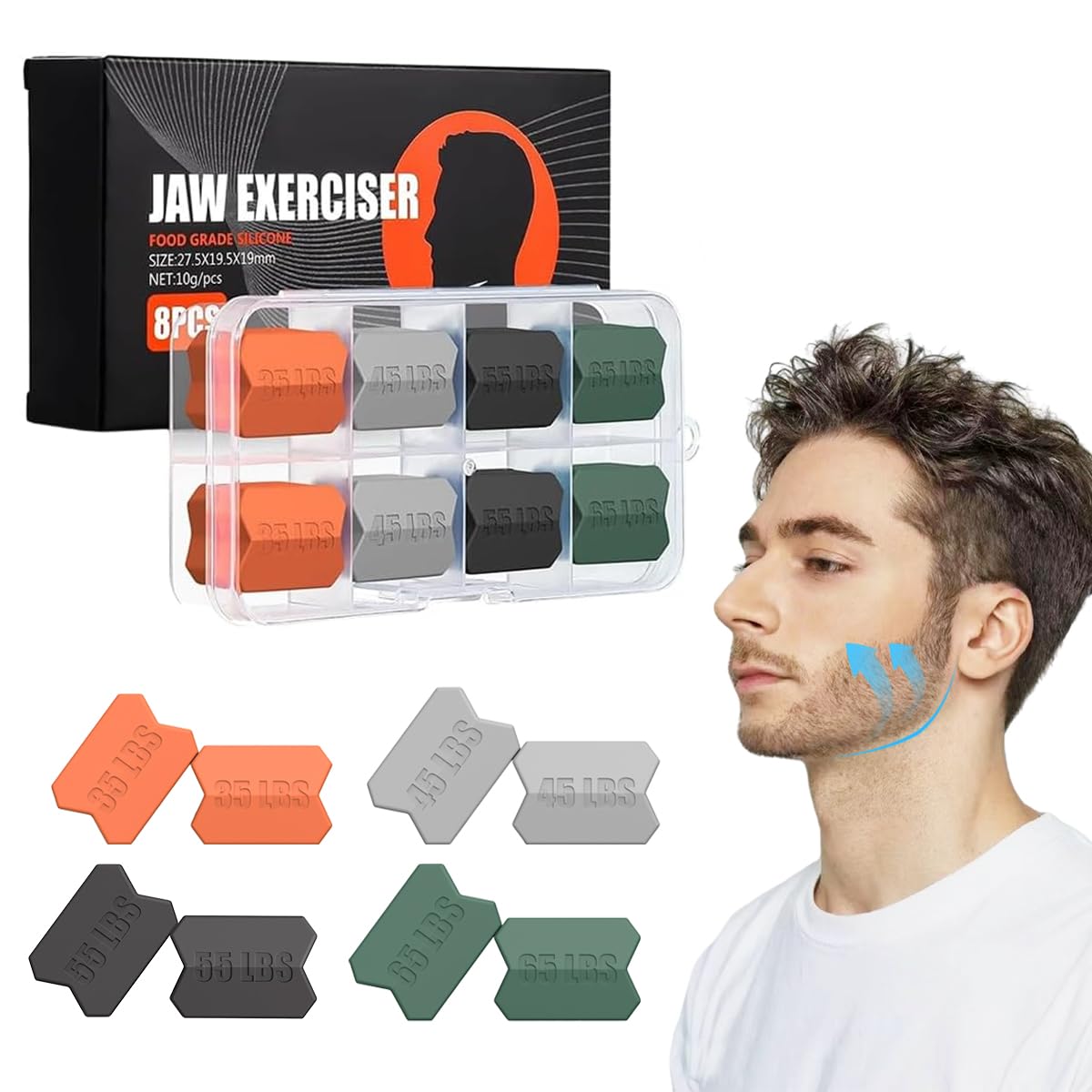 8-teiliger Kiefertrainer, Silikon-Jawline Trainer, Kiefer trainer mit 4 Widerstandsstufen, Doppelkinn-Entferner, Kiefer-Zahnfleisch-Kiefertrainer und Nackentrainer