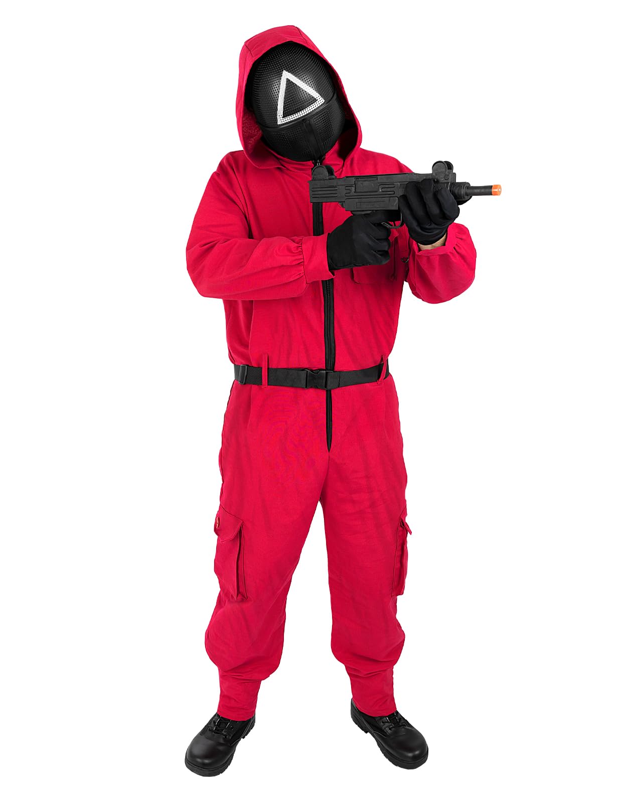 Funidelia Offizielles Squid Game Netflix Kostüm für Herren und Damen mit Dreiecksmaske und Waffe, Overall Squid Game für Erwachsene, Karneval, Halloween und Partys – Größe S - M