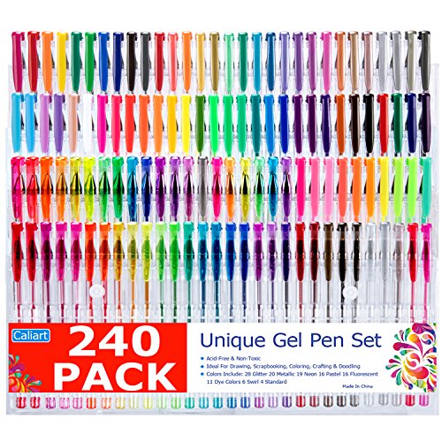 Caliart 240 Gel Pens Set for Adult Coloring Books Doodling Drawing Scrapbooking - 120 Coloring Pens Plus 120 Unique Refills