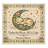 Kit de punto de cruz para gato iluminado por la luna, pequeños kits de punto de cruz con gatito durmiendo, gatito amarillo y blanco en luna creciente, arte de aguja para amantes de los gatos (#A)