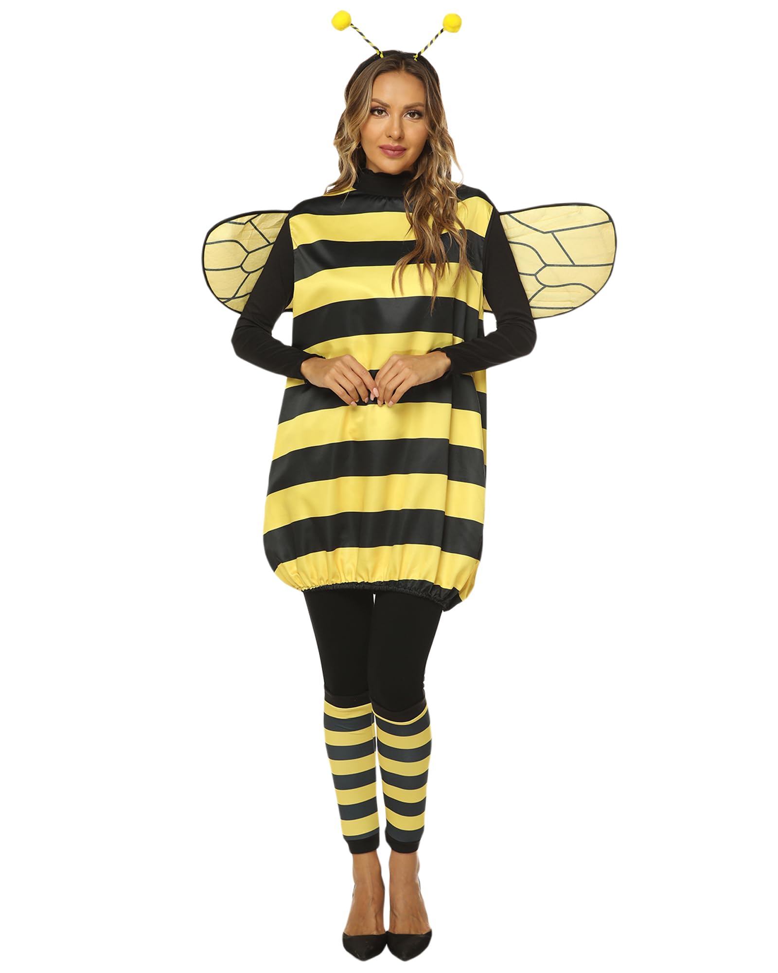 Cusghjbsg Women Cosplay Costume Set Bee Dress with Wings Headband Leg Sleeves for Halloween Role-playing Themed Party Suit (Yellow Adults