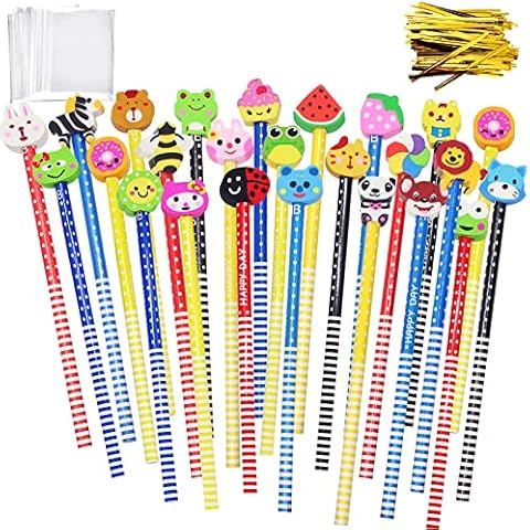 25 Pack Kids Wooden Pencils,LONTOM Colorful Stripe Pencil with Cute Animals Eraser for Children And School Supplies Pencil Pencils For Kids Pencil Erasers Pencil With Eraser Cute Pencil Cover