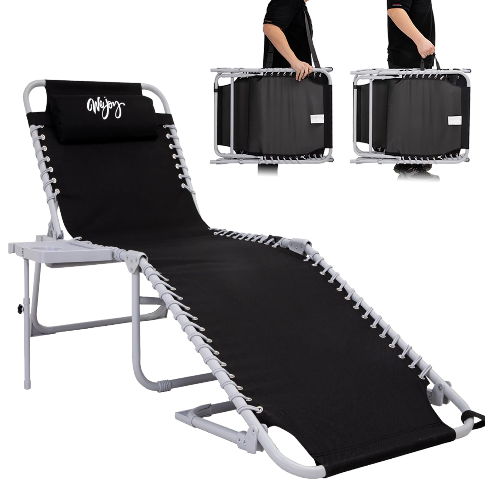 #WEJOY Tumbona plegable con mesa lateral, respaldo ajustable en 5 posiciones, tumbona plegable, tumbona de jardín para camping, playa, terraza, piscina, con cojín extraíble y bolsillo lateral